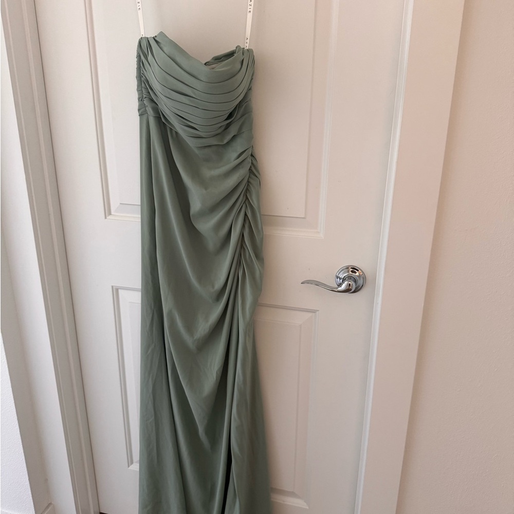Azazie Sage Green Strapless Ruched Evening Gown